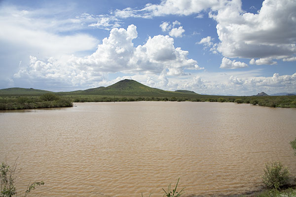 Stock Pond in Southeast Arizona with storm clouds in sky